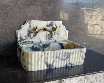 Fluted Calacatta Viola Marble Sink – Sculptural Wall Mounted Luxury Bathroom Basin