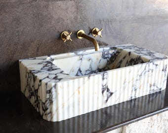 009-Fluted Calacatta Marble Vessel Sink Wall Mounted Faucet Compatible Handcrafted Natural Stone Bathroom Vanity Washbasin