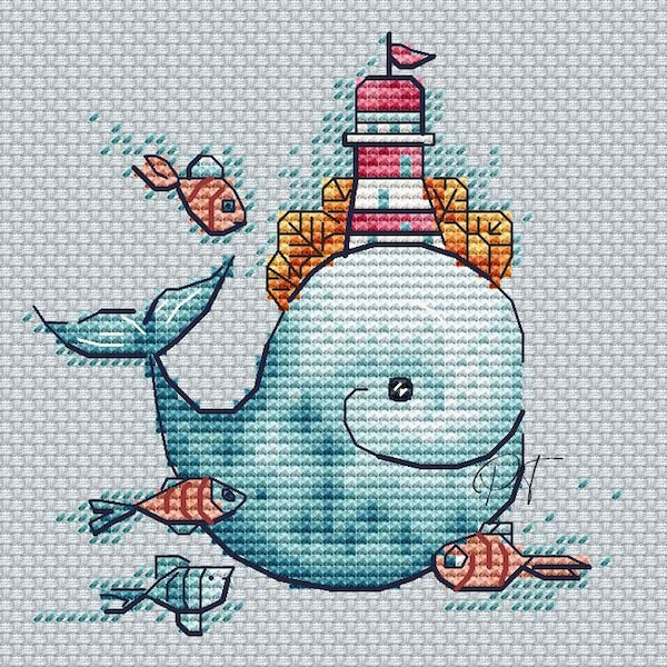 Funny whale, sea, fish,  cute,  watercolor, cross stitch, diagram, hobby, embroidery, needlework, pattern