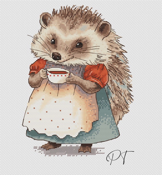 Vintage Hedgehog, Tea, Cute, Animals, Watercolor, Cross Stitch