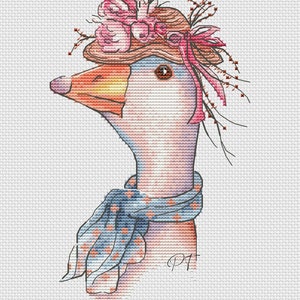 Puede incluir: Un patrón de punto de cruz de una oca que lleva un sombrero marrón con flores rosas y una bufanda azul con lunares blancos.