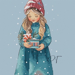 Wintervreugde, sneeuw, cadeau, meisje, schattig, aquarel, kruissteek, diagram, hobby, borduurwerk, handwerk, patroon