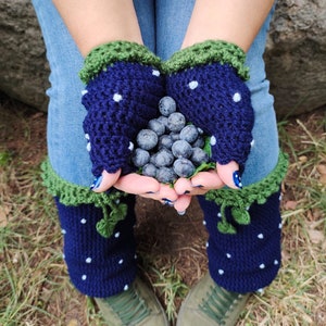 Cute blueberry hand & leg warmers w/little leaves, Crochet handknitted fingerless gloves, Valentine's Day Gift, For ladies, Winter Accessory Gloves + Leg Warmers