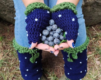 Cute blueberry hand & leg warmers w/little leaves, Crochet handknitted fingerless gloves, Valentine's Day Gift, For ladies, Winter Accessory