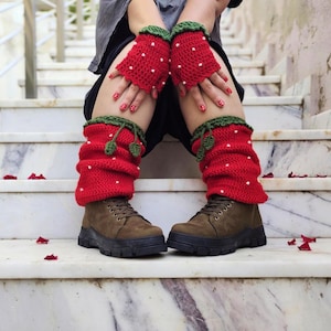 Strawberry Knit Gloves & Leg Warmers Set, Cute Cottagecore Accessory, Cozy Handmade Gift for Her, Berrycore Aesthetic, Strawberry clothing