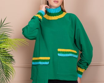 Knit detailed green sweat, Oversize knitt pullover, Asymmetric double pocket sweatshirt, Handmade Christmas gift for her/him, Winter fashion