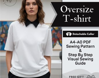 Oversized T-Shirt Sewing Pattern with Detachable Collar (PDF Digital Download, S-XXL)