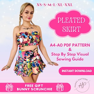 May include: A digital download pattern for a pleated skirt with a colorful graphic print. The pattern includes a step-by-step visual sewing guide and is available in sizes XS-XXL. The pattern is available in A4 and A0 sizes. The image also shows a model wearing the skirt and a matching top. A free bunny scrunchie is included with the purchase.