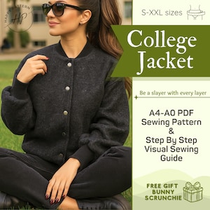 May include: A dark charcoal gray college jacket with a round neckline, long sleeves, and a front button closure. The jacket features ribbed cuffs and hem. Text on the image includes College Jacket, S-XXL sizes, and A4-A0 PDF Sewing Pattern.