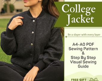 Varsity Bomber Jacket Sewing Pattern PDF | Womens S–XXL sizes | Snap-Front Baseball Jacket | A4, A0 Printable Pattern + Illustrated Tutorial