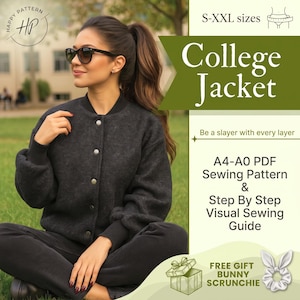Patrón de costura en PDF para chaqueta bomber estilo universitario / Tallas para mujer S–XXL / Chaqueta de béisbol con cierre de botones a presión / Patrón imprimible en formato A4 y A0 + tutorial ilustrado