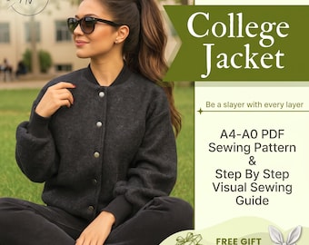 Varsity Bomber Jacket Sewing Pattern PDF | Womens S–XXL sizes | Snap-Front Baseball Jacket | A4, A0 Printable Pattern + Illustrated Tutorial