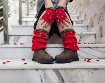 Joli chauffe-mains et jambières à la fraise avec petites feuilles, Mitaines tricotées à la main au crochet, Cadeau de la Saint-Valentin, Pour dame, Accessoire d'hiver