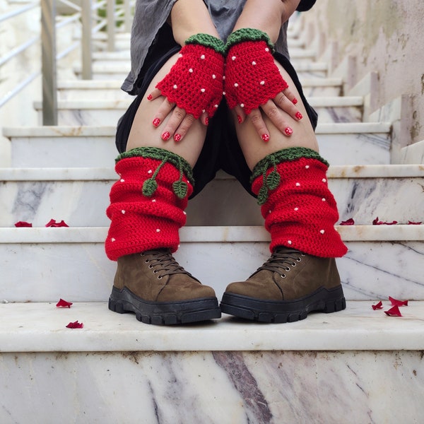 Cute strawberry hand & leg warmers w/little leaves, Crochet handknitted fingerless gloves, Valentine's day gift, For lady, Winter Accessory