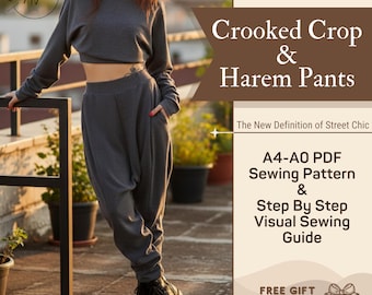 May include: A dark gray two-piece set consisting of a long-sleeve cropped top and high-waisted harem pants. The text reads Crooked Crop & Harem Pants, S-XXL sizes, A4-A0 PDF Sewing Pattern & Step By Step Visual Sewing Guide, and Free Gift Bunny Scrunchie.
