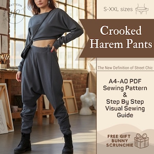 May include: A dark gray two-piece set consisting of a long-sleeved cropped top and high-waisted harem pants. The text on the image reads Crooked Harem Pants, S-XXL sizes, A4-A0 PDF Sewing Pattern & Step By Step Visual Sewing Guide, and FREE GIFT BUNNY SCRUNCHIE.