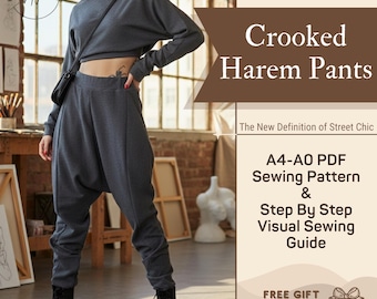 May include: A dark gray two-piece set consisting of a long-sleeved cropped top and high-waisted harem pants. The text on the image reads Crooked Harem Pants, S-XXL sizes, A4-A0 PDF Sewing Pattern & Step By Step Visual Sewing Guide, and FREE GIFT BUNNY SCRUNCHIE.