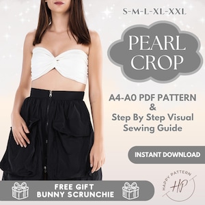 Pearl Crop Digital A4-A0 PDF Pattern, Step-by-Step Visual Sewing Guide + Free Gift, Womens Strapless Tube Top/Bandeau Top Sewing Pattern