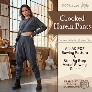 ボヘミアン風ハーレムパンツの縫製パターン、ドロップクロッチパンツのデジタルPDF、A4・A0プロジェクターファイル、ステップバイステップのチュートリアル、無料のバニーシュシュギフト