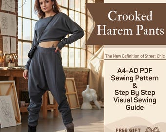 Boho Harem Pants Sewing Pattern, Drop Crotch Trouser Digital PDF, A4 A0 Projector Files, Step-by-Step Tutorial + Free Bunny Scrunchie Gift