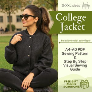 Patrón de costura de chaqueta bomber universitaria en PDF / Tallas S-XXL para mujer / Chaqueta de béisbol con cierre a presión / Patrón imprimible en A4 y A0 + Tutorial ilustrado