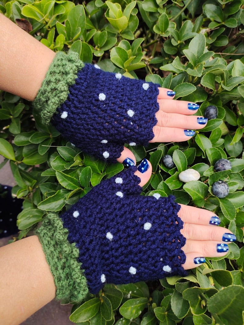 Cute blueberry hand & leg warmers w/little leaves, Crochet handknitted fingerless gloves, Valentine's Day Gift, For ladies, Winter Accessory Fingerless Gloves