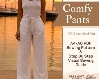 Pode incluir: Uma regata branca e calças largas a condizer com cintura elástica e cordão. O texto diz: Happy Pattern HP, XS-3XL sizes, Comfy Pants, Chill wear, bold flair, A4-A0 PDF Sewing Pattern & Step By Step Visual Sewing Guide, FREE GIFT BUNNY SCRUNCHIE.