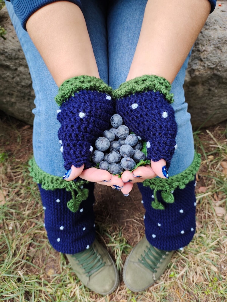 Cute blueberry hand & leg warmers w/little leaves, Crochet handknitted fingerless gloves, Valentine's Day Gift, For ladies, Winter Accessory Gloves + Leg Warmers