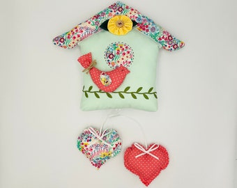 Decorative Hanging Pillow, House Shaped Pillow with Hanging Hearts, Hand embroidered, Farmhouse Decor, Cottage Core Decor, Mother’s Day Gift