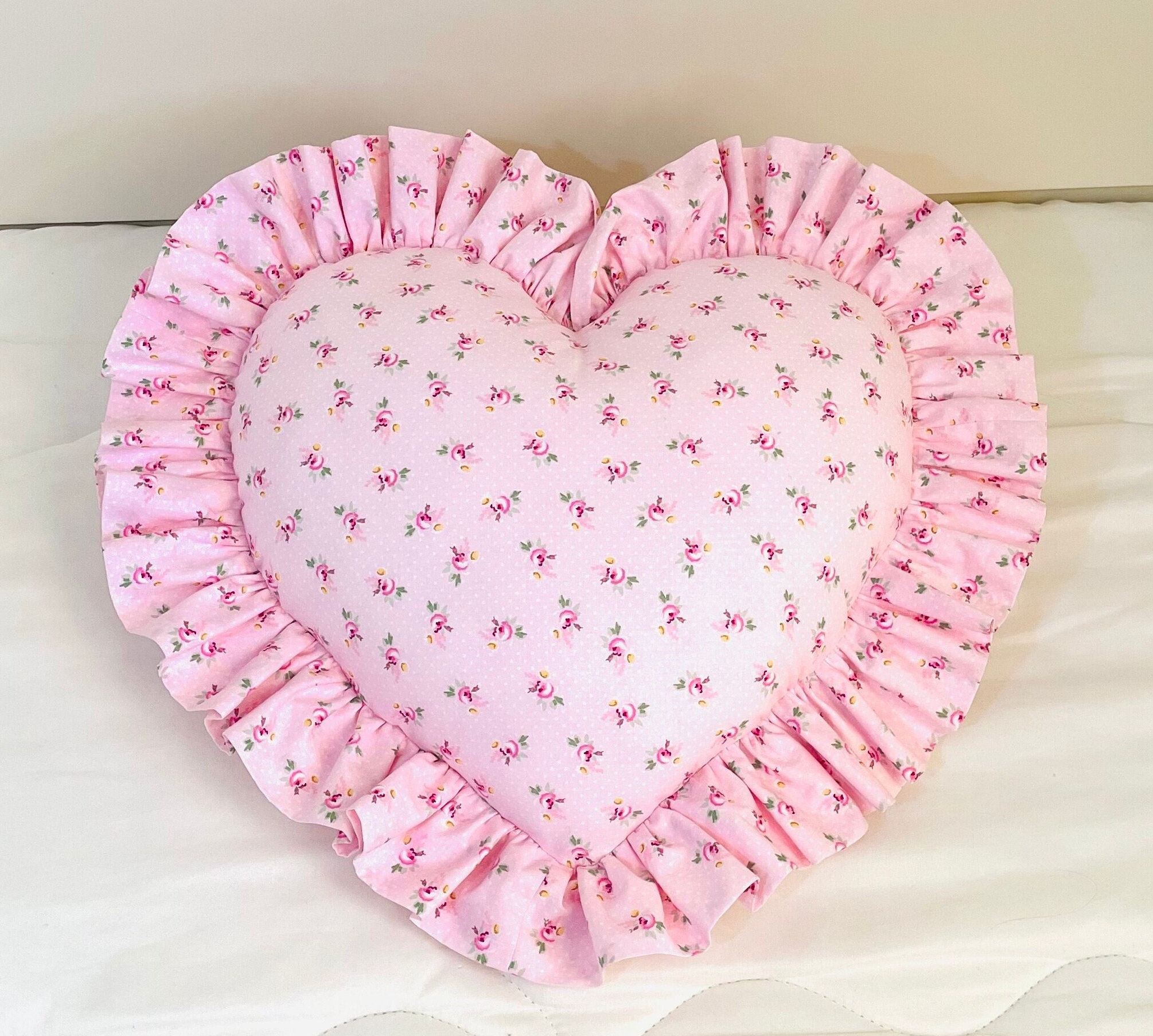 Floral Heart Pillow With Ruffles, Decorative Pink Heart Floral Heart Pillow With Ruffles, Decorative Pink Heart