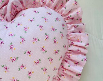 Floral Heart Pillow With Ruffles, Decorative Pink Heart Floral Heart Pillow With Ruffles, Decorative Pink Heart
