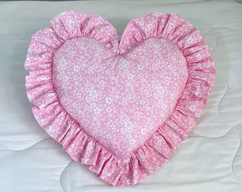 Decorative Heart Pillow with Ruffles, Romantic Pink Floral Pillow, Valentine’s Day Decor, Housewarming Gift, Kids Bedroom Decor