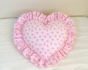 Floral Heart Pillow with Ruffles, Decorative Pink Heart Cushion, Valentines Day Decor, Engagement Gift, Mothers Day Gift, Baby Shower Gift
