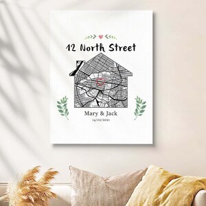 Mappa personalizzata della nuova casa su tela - Decorazione murale a forma di casa personalizzata / Regalo di inaugurazione della casa / Regalo di Natale / Opzioni con e senza cornice