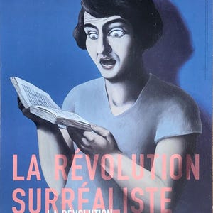 May include: A poster advertising an exhibit titled "La Révolution Surréaliste" at the Centre Pompidou in Paris. The poster features a woman with a shocked expression reading a book. The text on the poster reads "La Révolution Surréaliste" and "6 mars 2002 - 24 juin 2002".