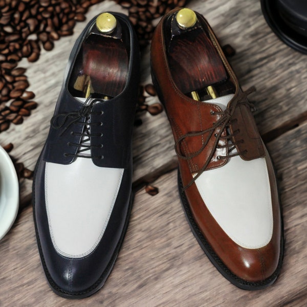 Handmade Men Leather Shoes  , Handmade Leather Shoes, Dress Derby Lace up Shoe, Stylish Casual Oxford Shoe, Brown White Leather Shoes