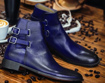 Navy Blue Handmade Boots, Stylish Versatile Green Ankle Leather Boots Handcrafted Black Ankle Leather Boots, Men Leather Dress Boots