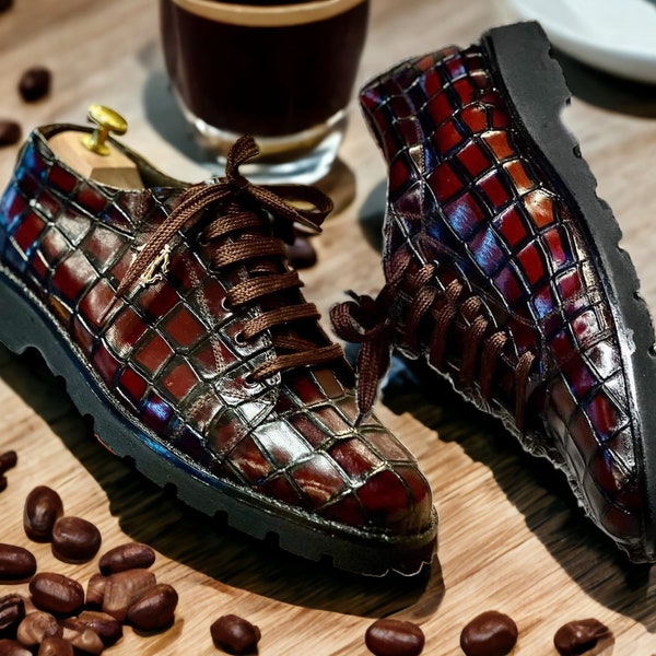 Handmade Men Alligator Sneaker Boots, Men Dress Boots, Burgundy Men Dress Boots , Stylish Boots Blue Leather Boots, Sneaker Alligator Boots