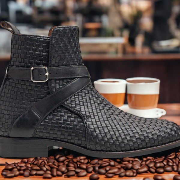 Handmade Men Jodhpur's Leather Boots | Men Dress Buckle Boots |  Black Men Dress Boots |  Woven Leather Stylish Boots | Black Leather Boots