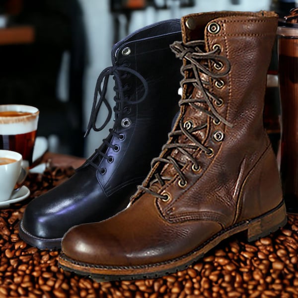Men's Brown Genuine Leather Boots | Long Ankle High Boots |  Men's Military Boots Long Leather Combat Boots  | Men's Army Marching Boots