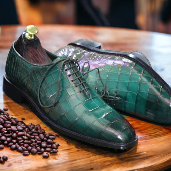 Men Handmade Sea Green Alligator Texture Shoe, Dress Purple Whole Cut  Shoe, Dress Lace up Shoe , Men Leather Oxfords, Men Leather Shoe