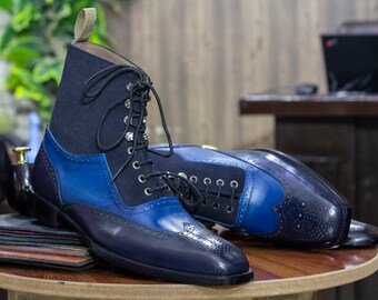 Navy Blue Handmade Boots Stylish Versatile Blue Ankle Leather Boots Handcrafted Two Tone Ankle Leather Boots Men Leather Dress Boots Etsy