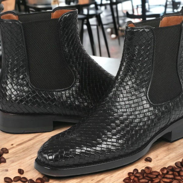 Handmade Men woven Leather Boots, Men Dress Chelsea Boots, Black Men Dress Boots , Purple Boots , Stylish Boots Blue Chelsea Leather Boots