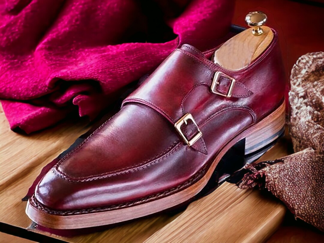 Handmade Men Double Buckle Shoes, Men Monk Leather Shoes, Men Burgundy Shoes, Men Black Monk ...