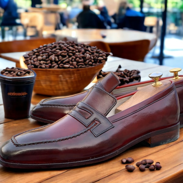 Handmade Men Leather Shoes, Handmade Leather Shoes, Dress Slip on Shoe, Stylish Casual Loafer Shoe, Burgundy Leather Shoes