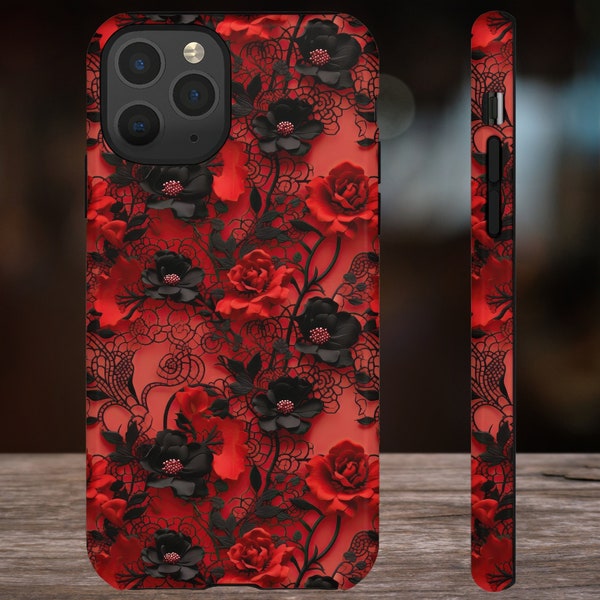 Goth Tough Phone Case - Vintage Black Lace, Red Rose Cell Case for Apple iPhone, Samsung Galaxy, and Google Pixel. Dark Romance.