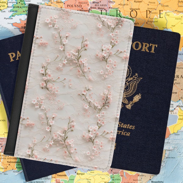 Vintage Coquette Passport Cover with Inner Pockets - White Lace & Flowers - RFID Blocking Vegan Holder, Sleeve, or Protector for Passport.