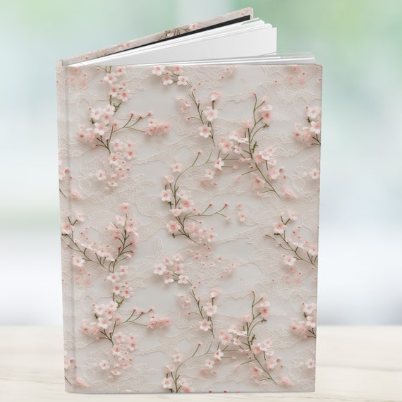 Coquette Aesthetic Hardcover Journal Matte Cherry Blossoms and Vintage Lace  Notebook 