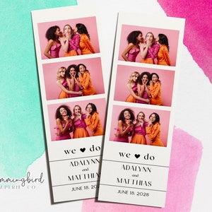 Könnte beinhalten: Ein weißer Fotostreifen mit drei Fotos von drei Frauen in rosa und orangefarbenen Kleidern. Der Text "we ♥ do ADALYNN and MATTHIA JUNE 18, 201" ist unten auf dem Streifen gedruckt.
