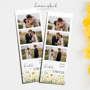 Plantilla sencilla de fotomatón floral para boda primaveral en amarillo ranúnculo, diseño de tira de fotos de 2x6, plantilla de fotomatón para boda